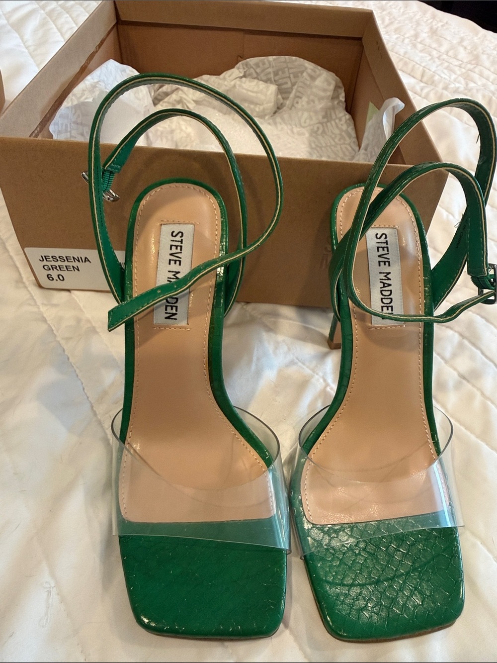 Steve Madden Green Strappy Clear-Detail Heeled Sandals